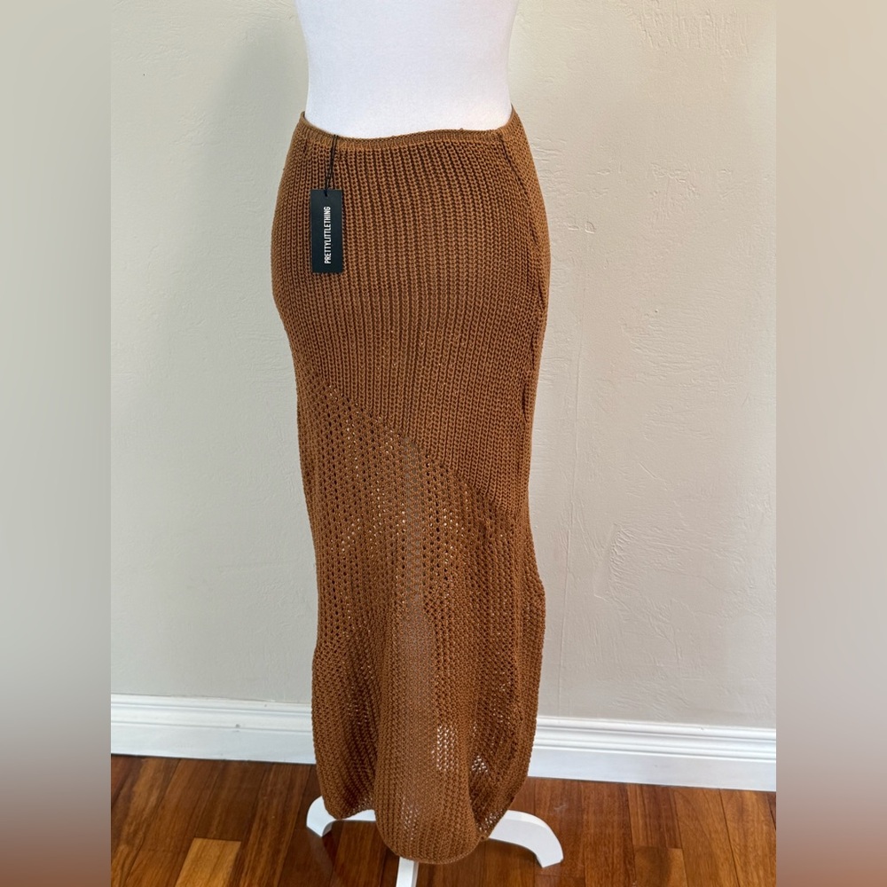 PrettyLittleThing Tan Crochet Maxi Skirt Beach Cover Up US 8‎ Boho Resort NWT - Picture 4 of 7